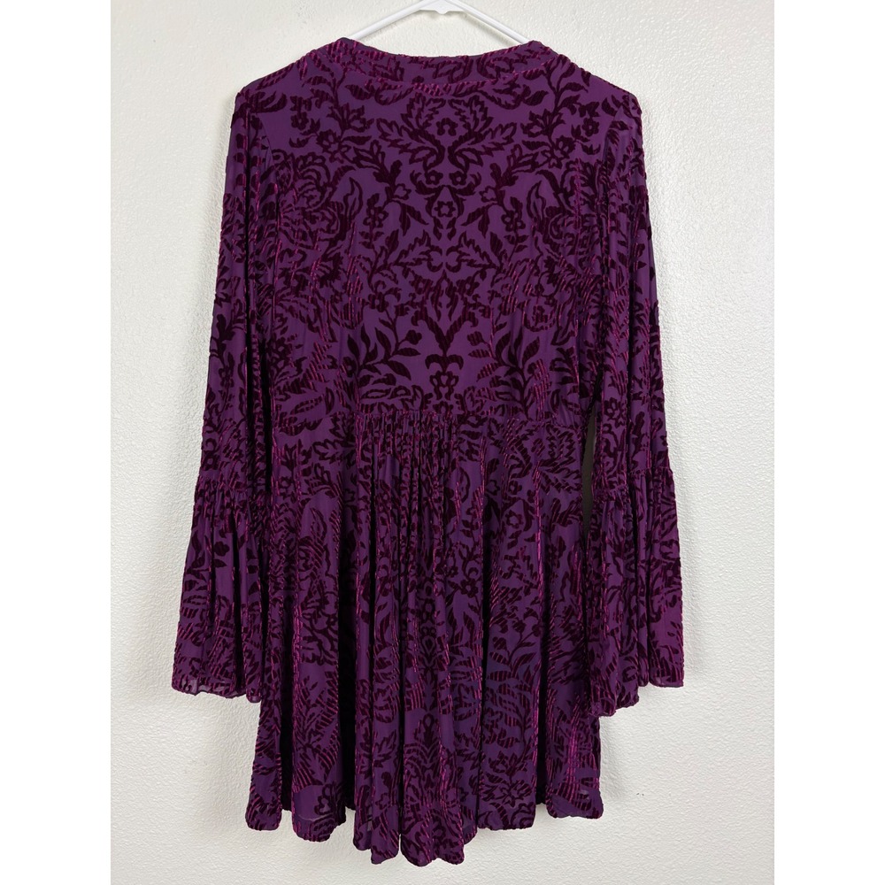 Paris Blues Women Purple Burnout Velvet Damask Bell Sleeve V-Neck Tunic Top S - Picture 5 of 11